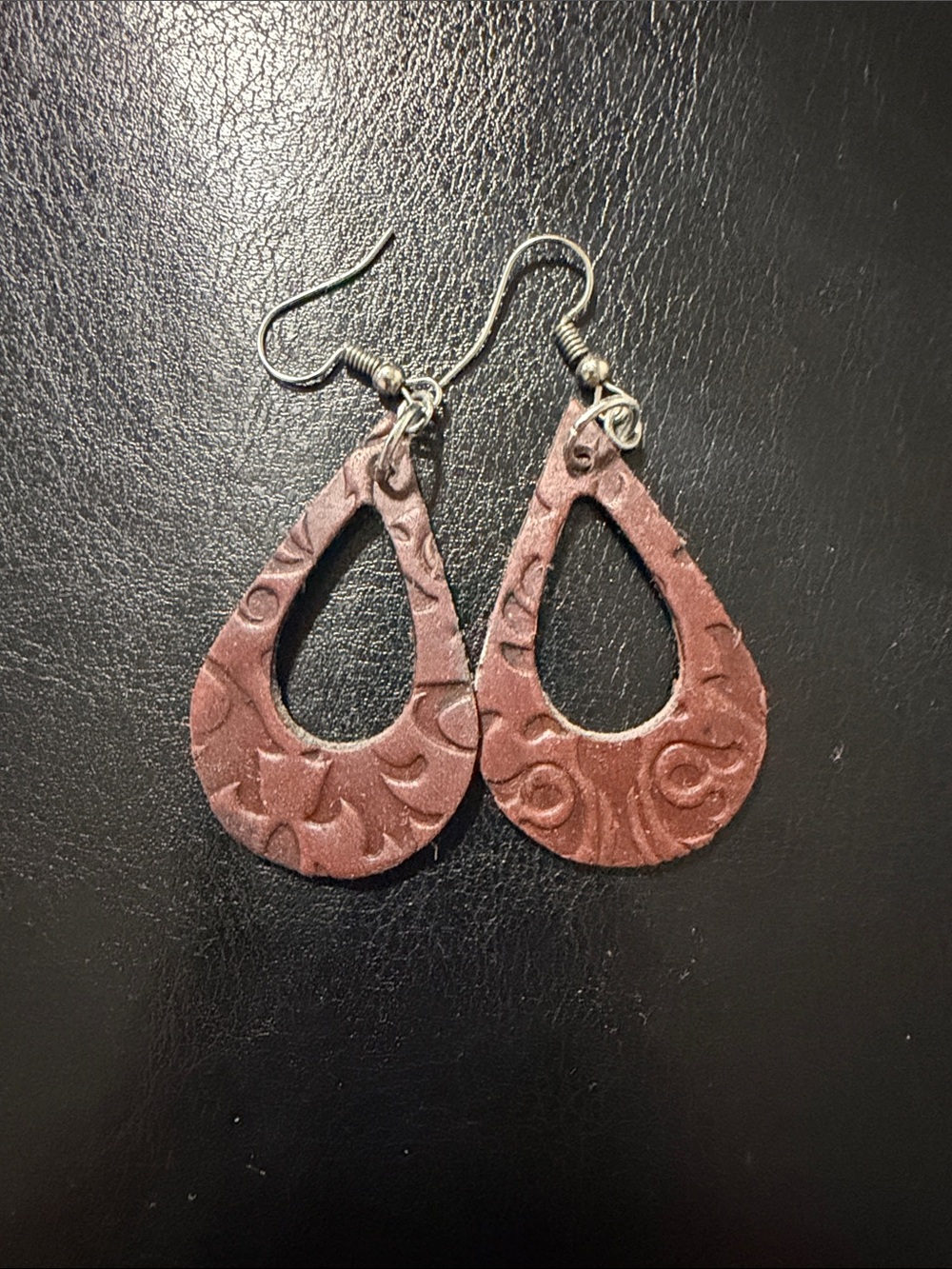Handcrafted Teardrop Embossed Leather Earrings - Brown